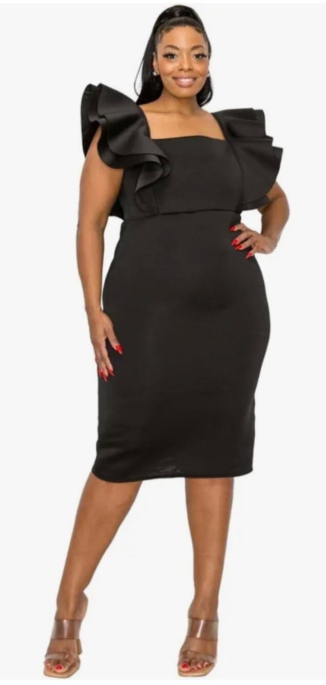 LVID Unique Vintage Black Neoprene Ruffle Sleeve Dress 2X NWOT